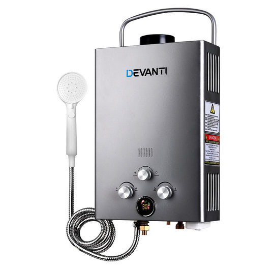 Portable grey LPG gas water heater with 12V pressure pump