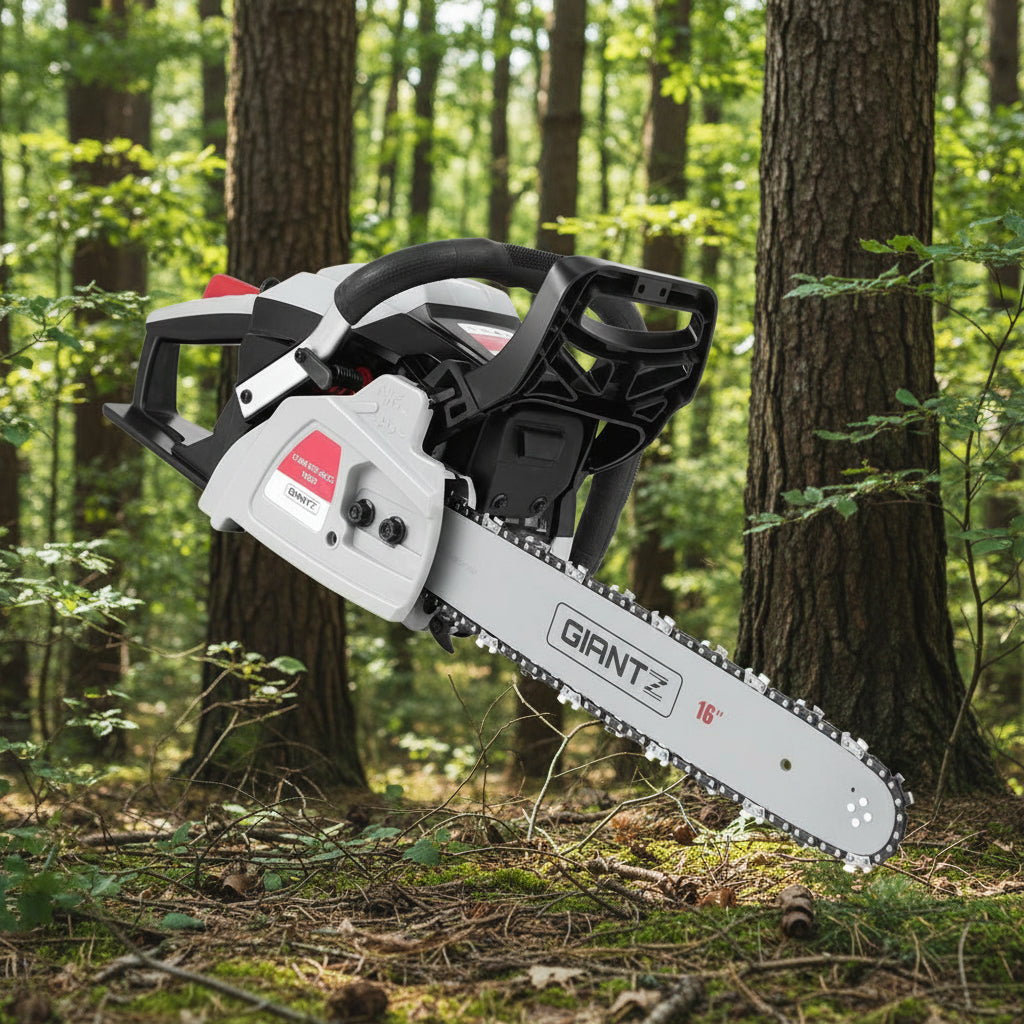 Giant Z chainsaw on a forest floor with trees in the background