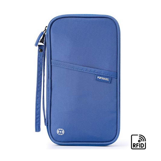 Blue travel wallet with RFID protection on a white background