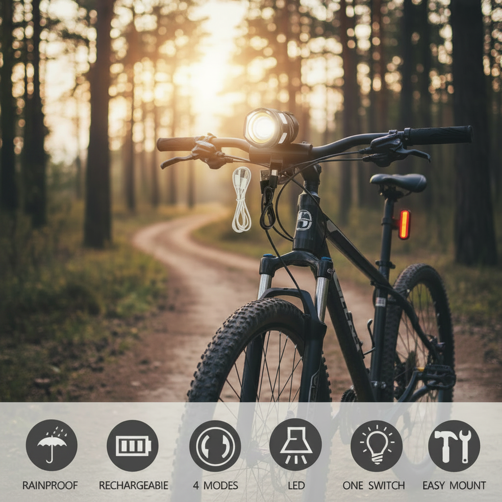 Bicycle with headlight on a forest path during sunset