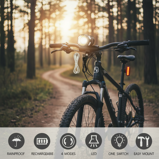 Bicycle with headlight on a forest path during sunset