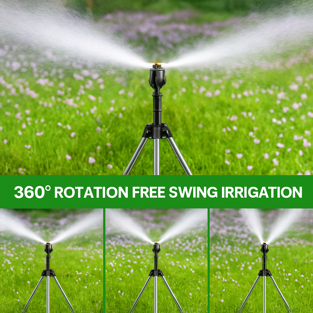 Irrigation system with 360-degree rotation on a grassy background