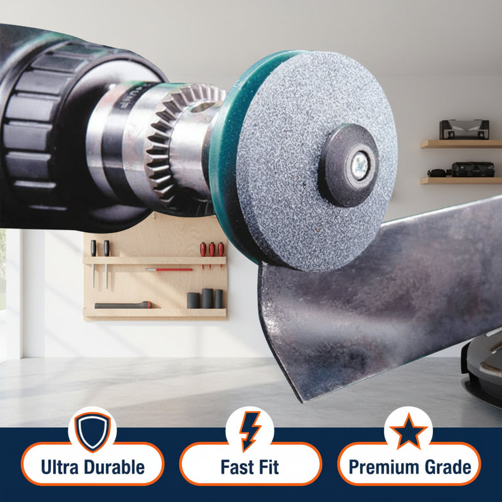 A close-up of a circular abrasive disc attached to a drill, shown sharpening or grinding a metal lawn mower blade. A small circular inset at the lower left shows a grass-fed lawn mower in use with green grass.