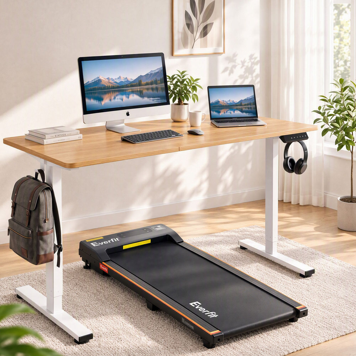 Standing desk and walking pad treadmill combo in oak