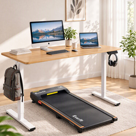 Standing desk and walking pad treadmill combo in oak