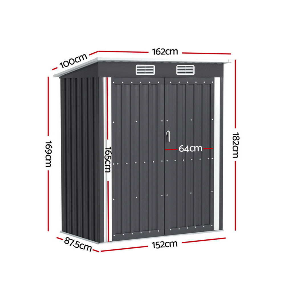 Metal garden shed with wide double doors open in a backyard