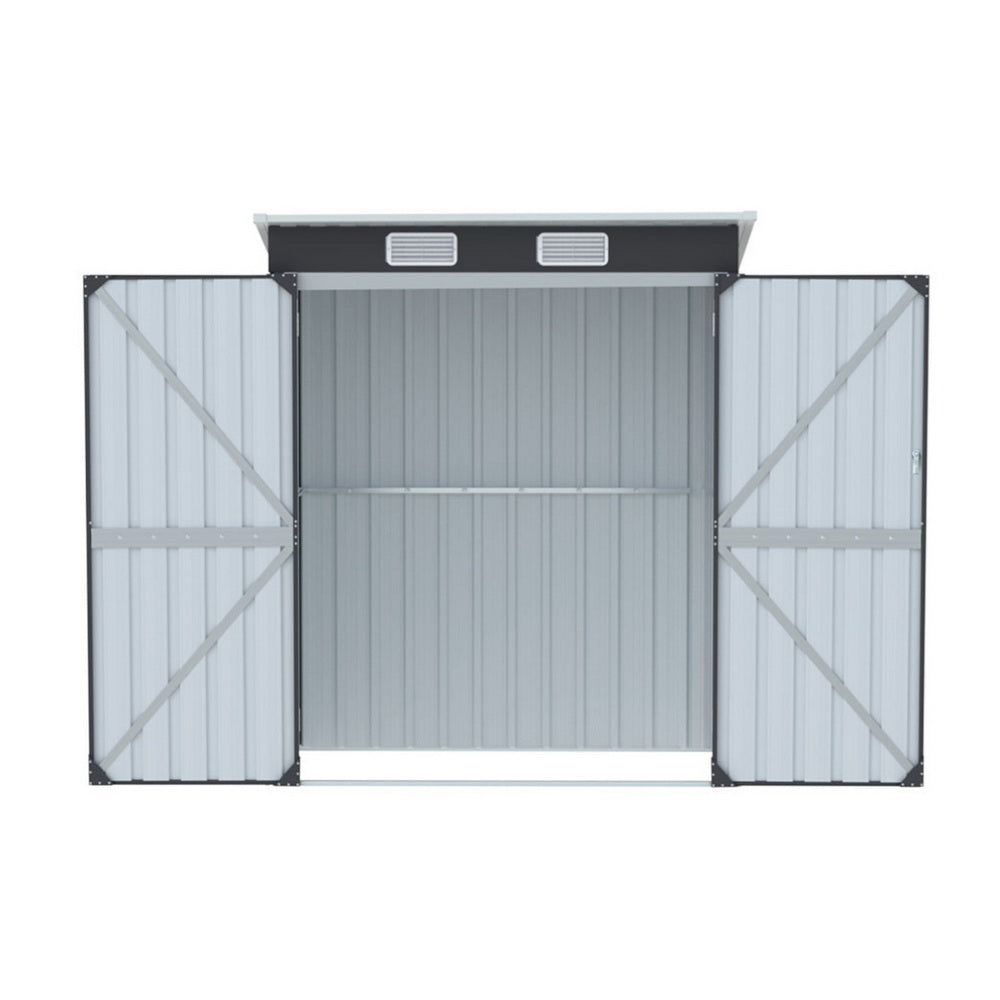 Double hinged doors of the steel garden shed