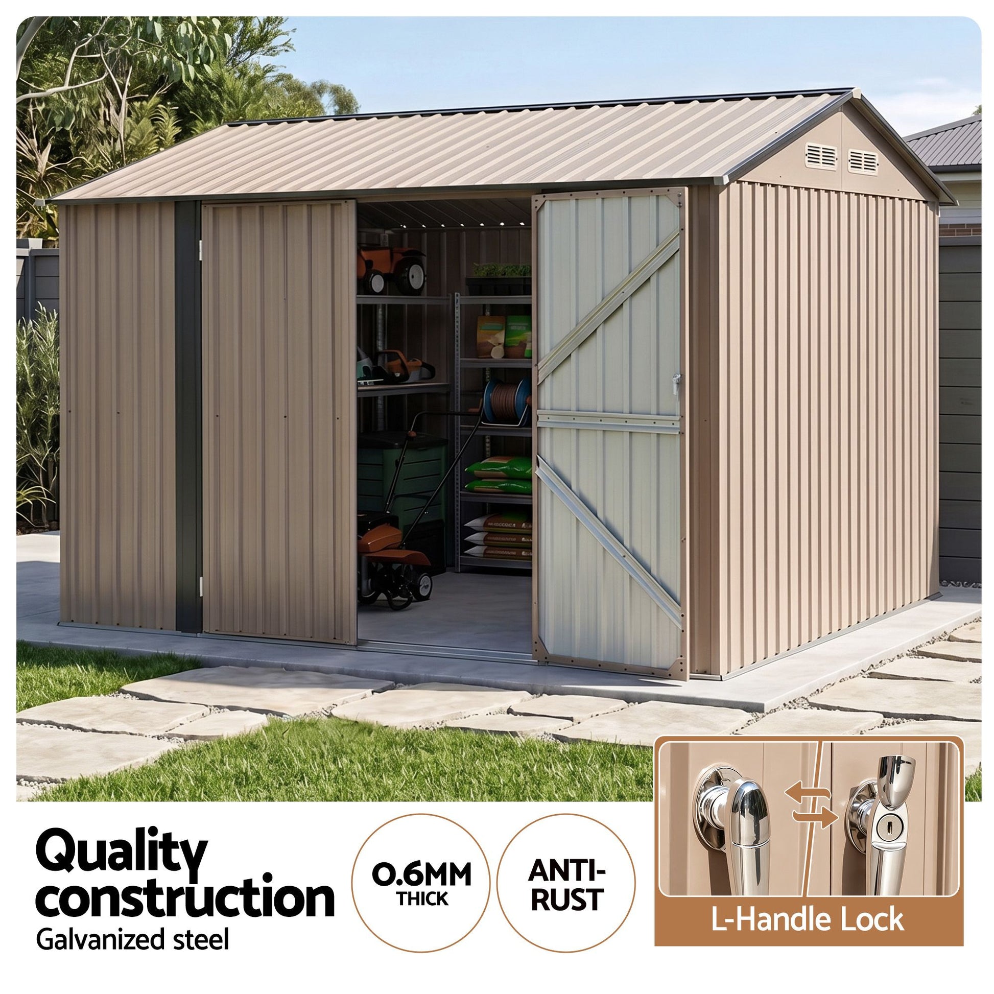 Lockable L-handle on the shed doors