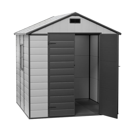 Large grey walk-in garden shed with gable roof and double doors