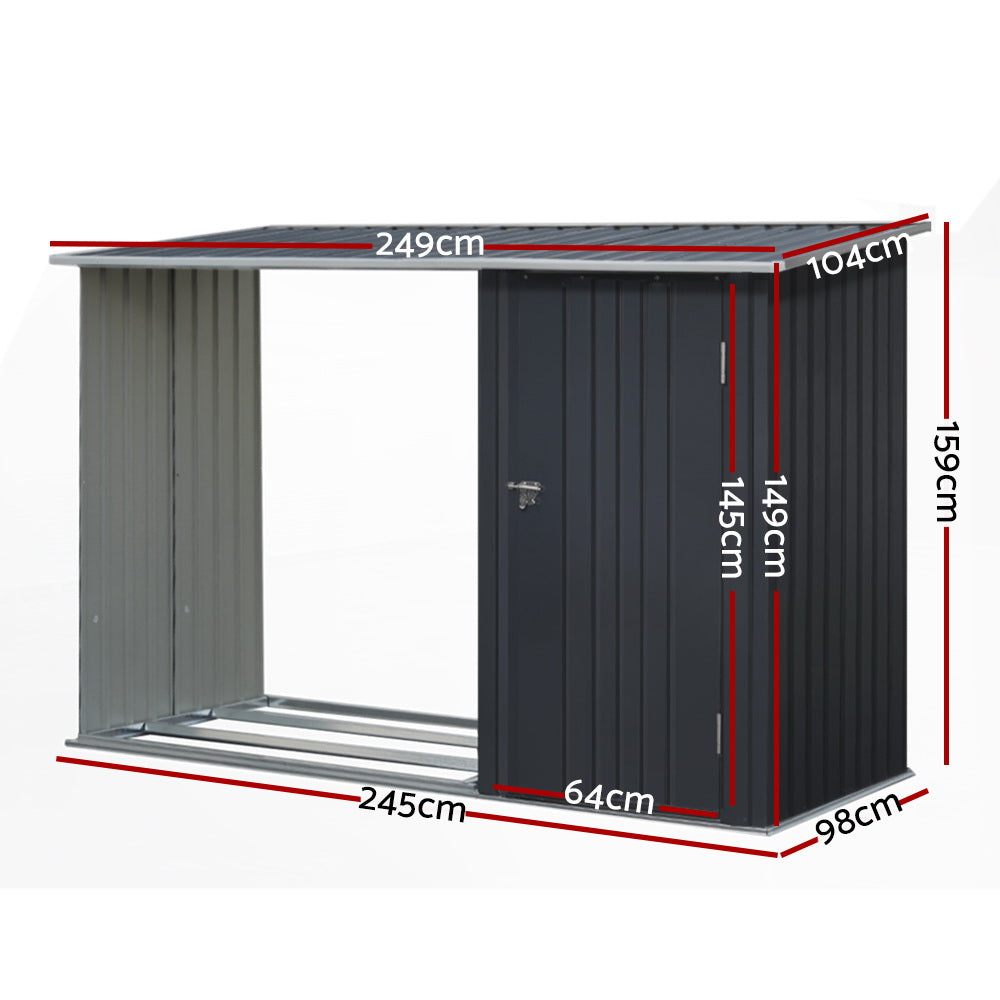 2-in-1 garden shed shown with firewood stacked in the log alcove