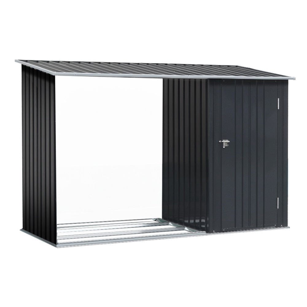 Weatherproof anthracite steel garden shed with log store