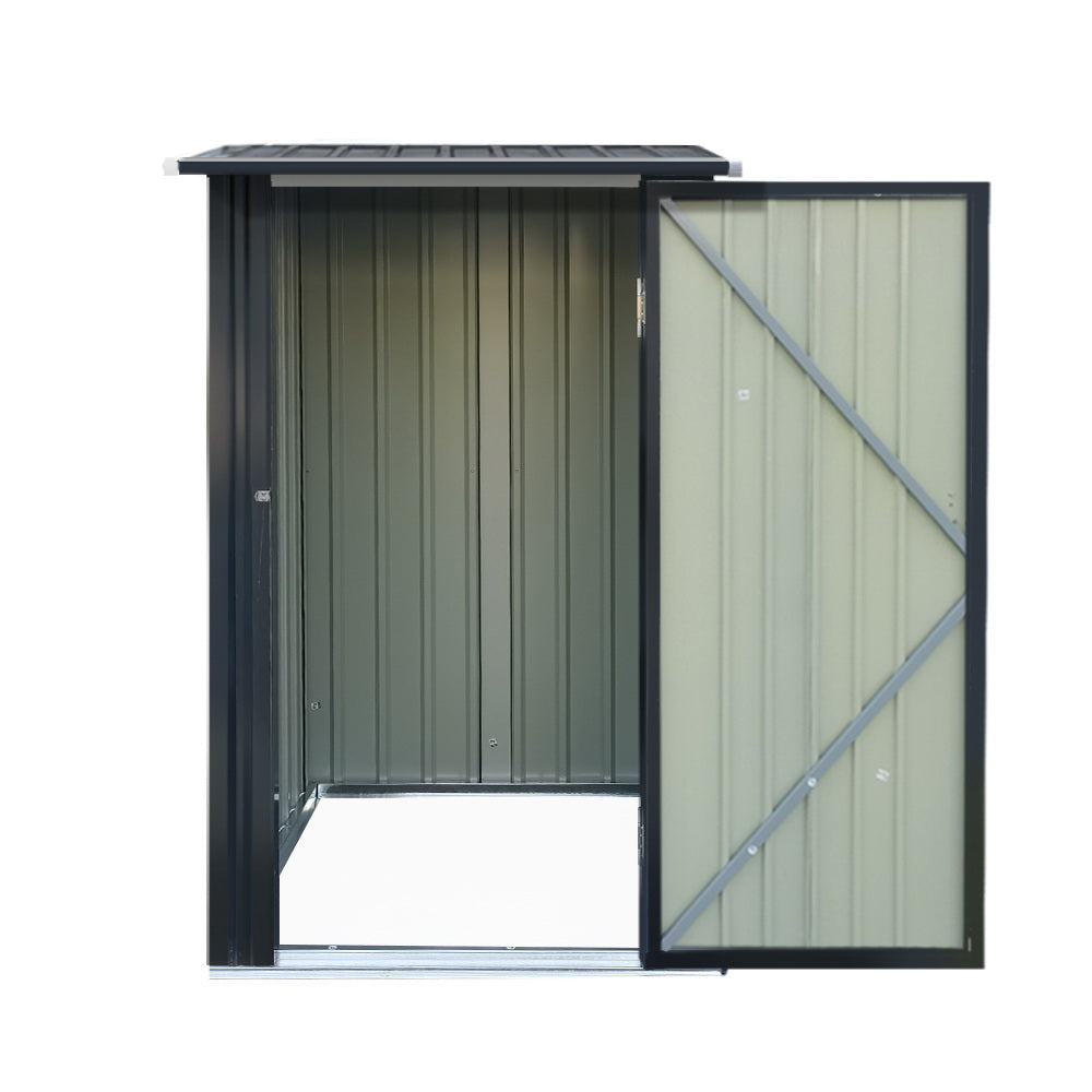 Garden shed sliding door open showing interior storage space
