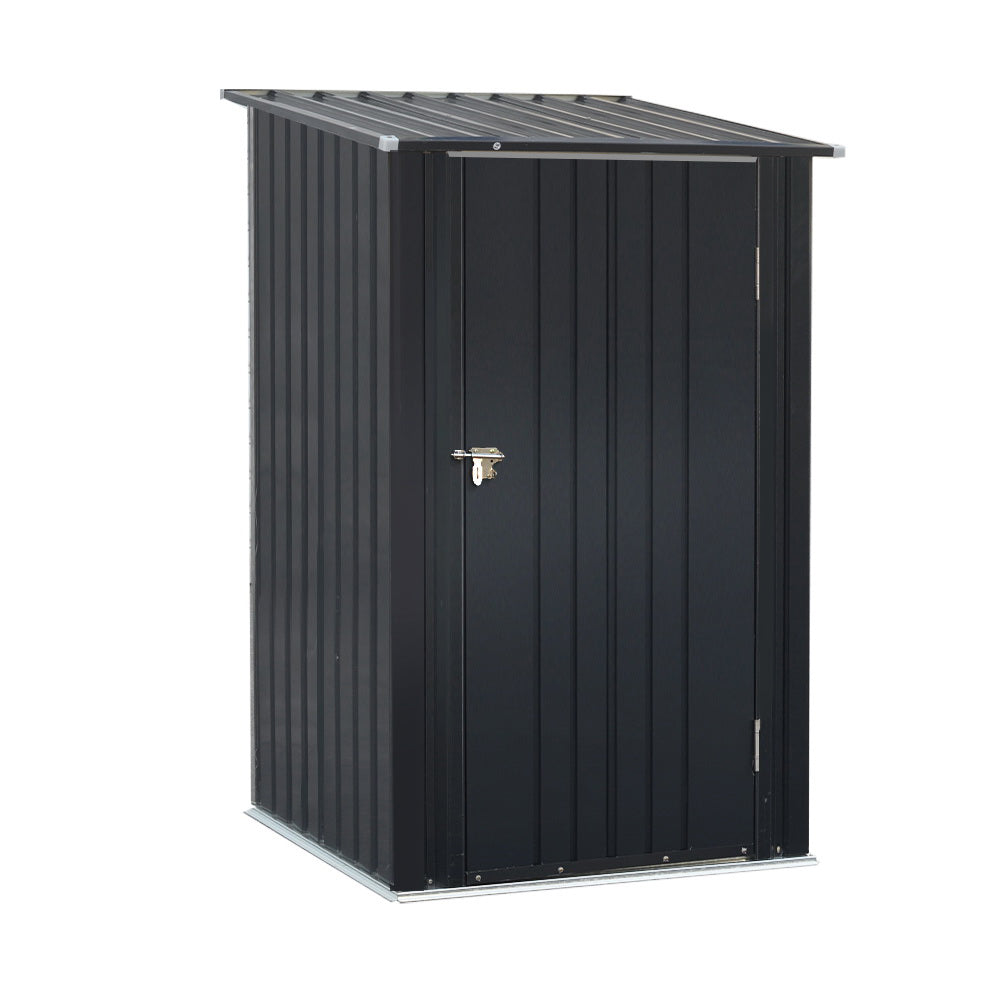 Galvanised steel shed storing garden tools and equipment