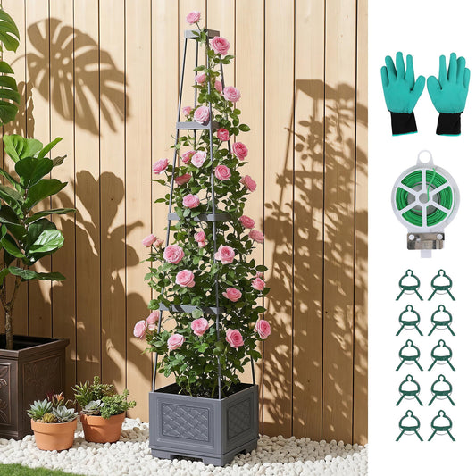 Trellis with climbing plants, gardening gloves, string trimmer, and garden markers against a wooden fence.