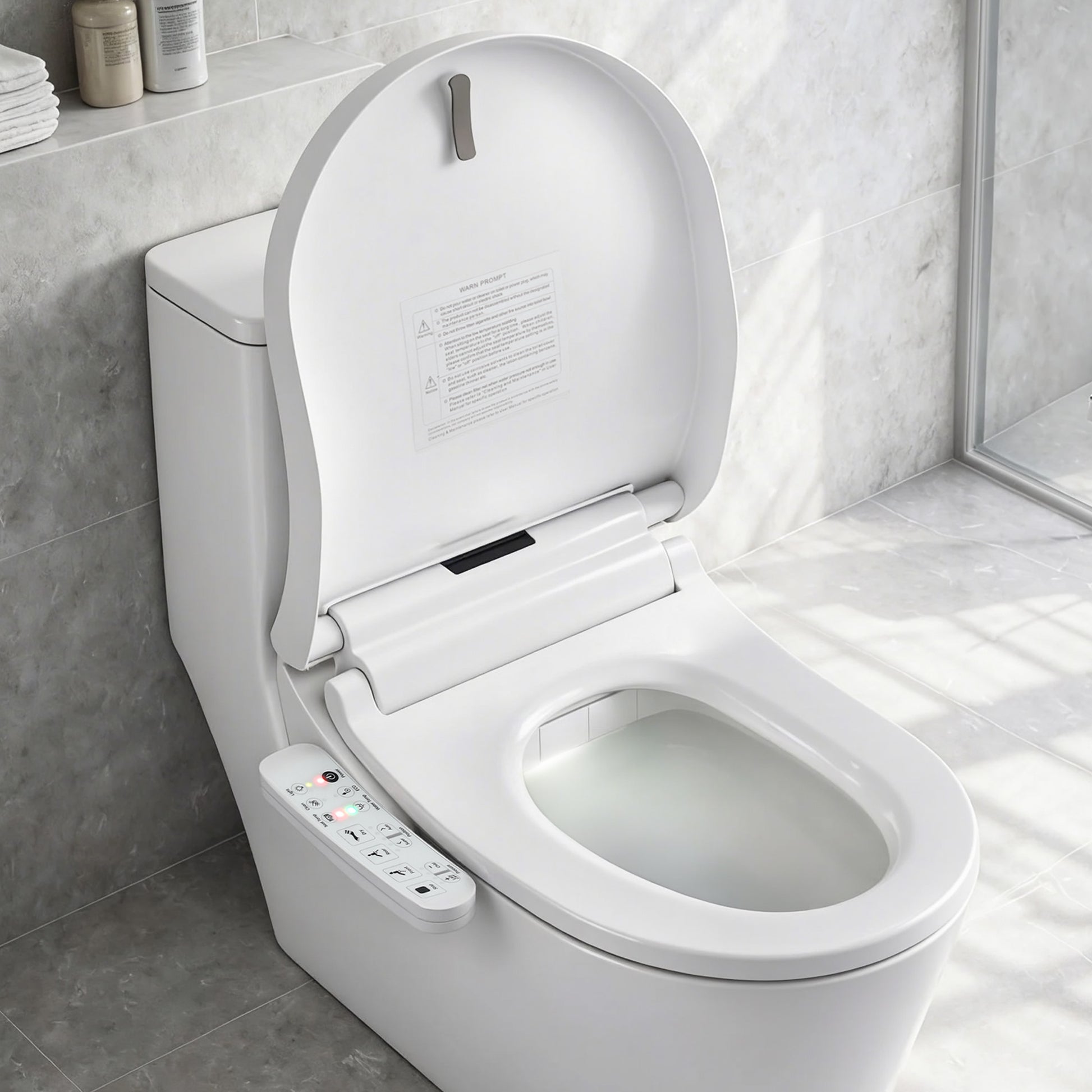 Modern white toilet with open lid in a bathroom setting