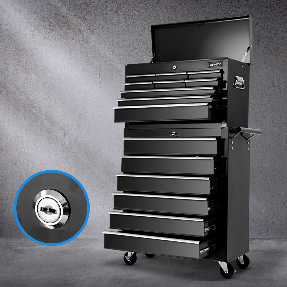 Black 15-drawer steel tool chest and trolley on castors