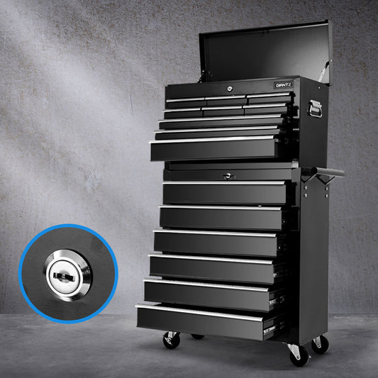 Black 15-drawer steel tool chest and trolley on castors