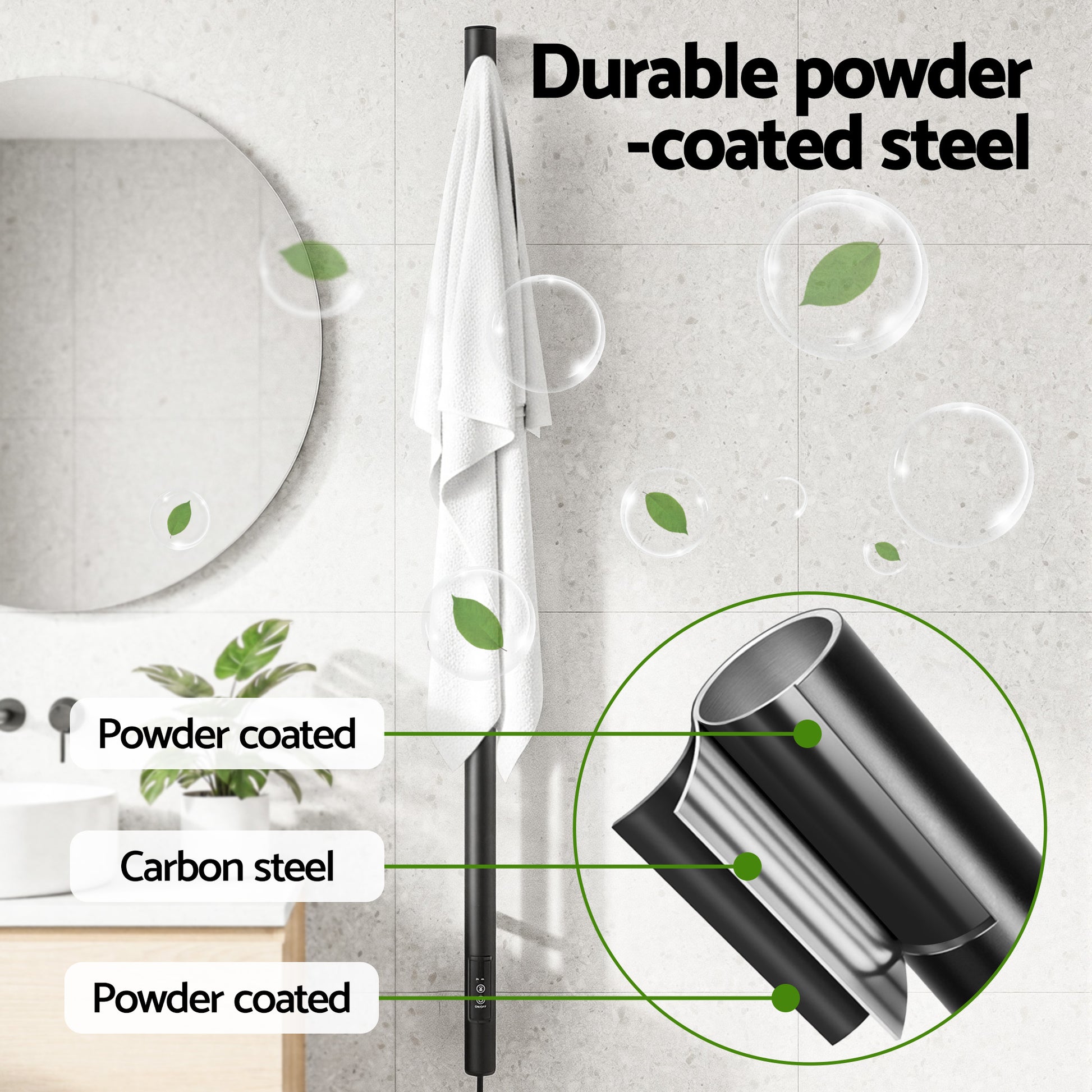 Powder-coated carbon steel towel rail finish detail