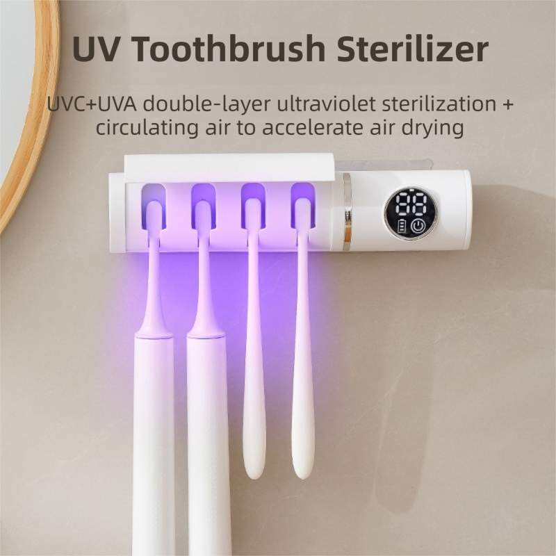 White 4-Slot Compact UV Toothbrush Sanitizer with Turbo Drying Fan & LCD Display - Anti-Dust Toothbrush Holder, 10-Minute One-Touch Deep Clean