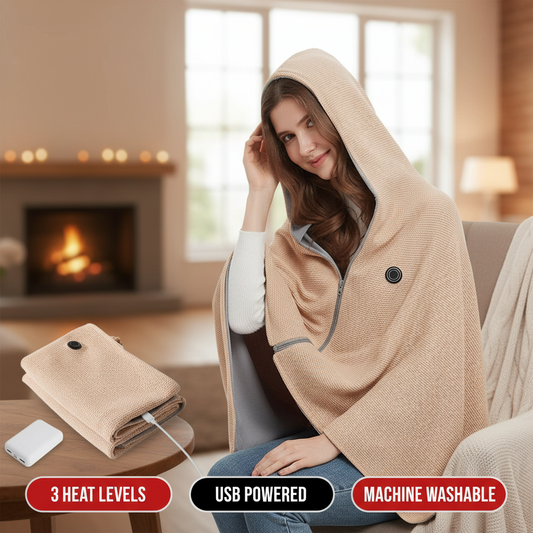 Beige heated blanket, power bank, and USB cable displayed with a person wearing a beige heated poncho.