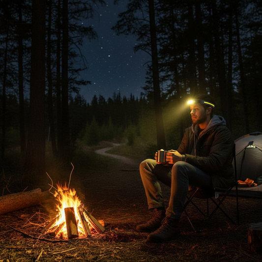 Person sitting by a campfire in the woods at night, using a headlamp.