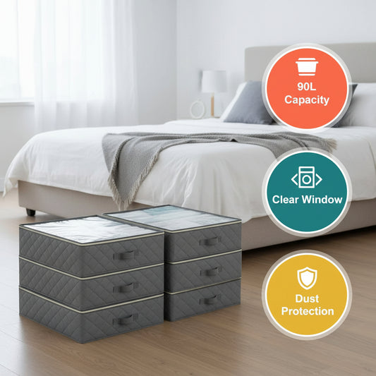 Stack of gray storage boxes with transparent lids on a white background
