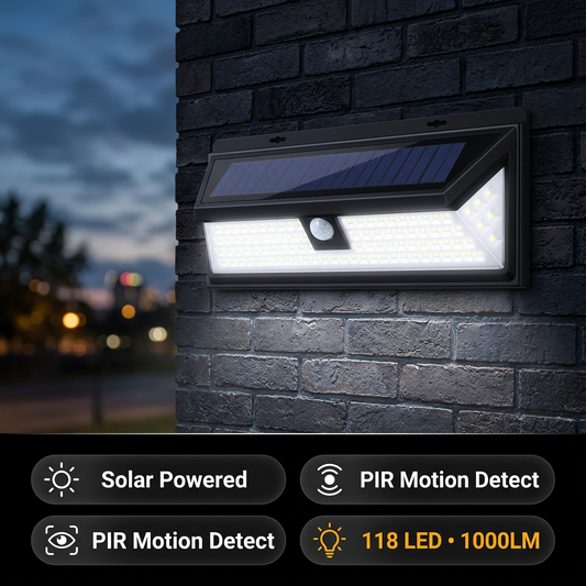 Solar Wall Light, 118 LED, 1000 Lumen, PIR Motion Sensor, IP65 Outdoor