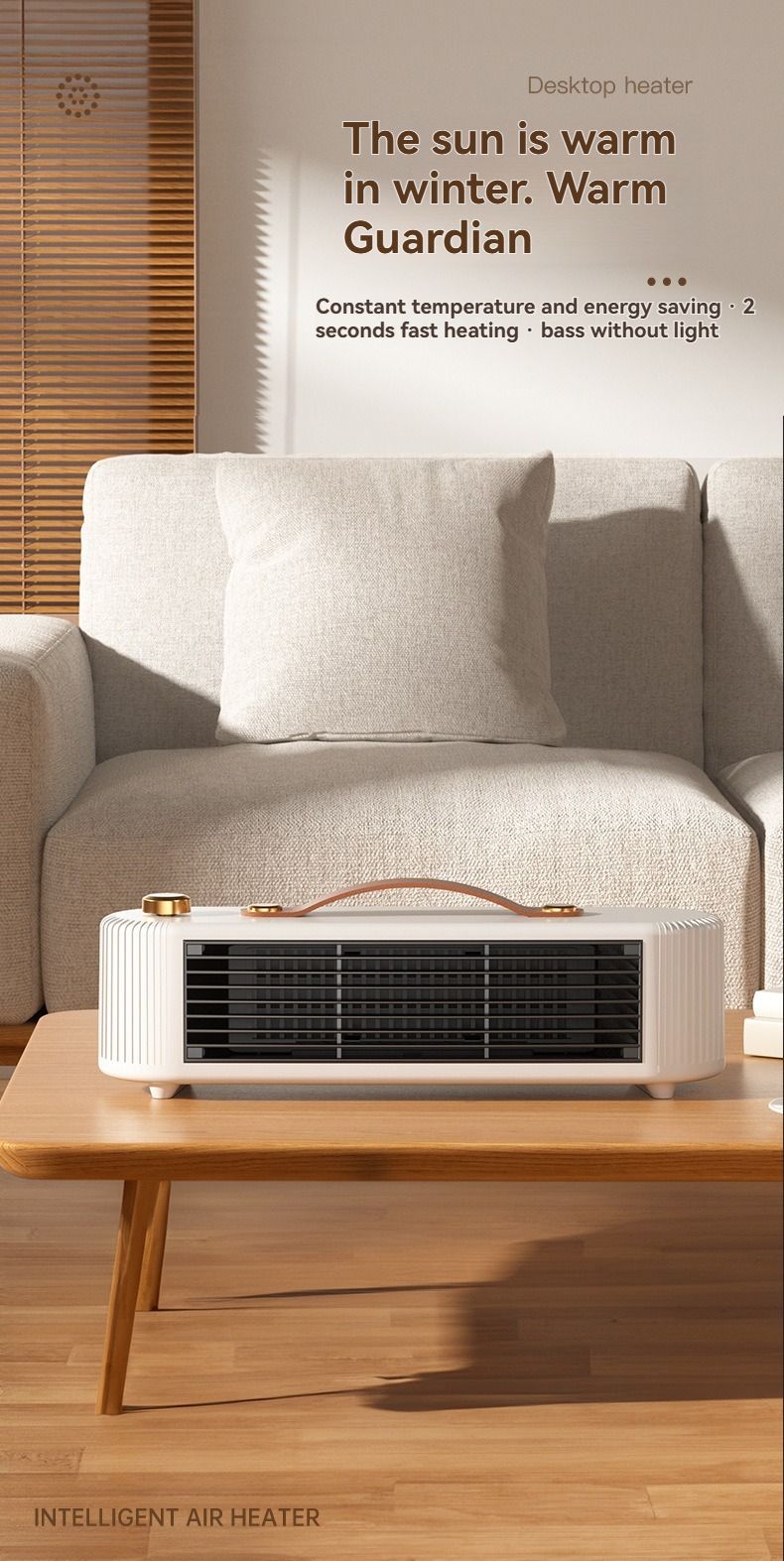 Compact desktop heater for home and office with fast 2-second heating