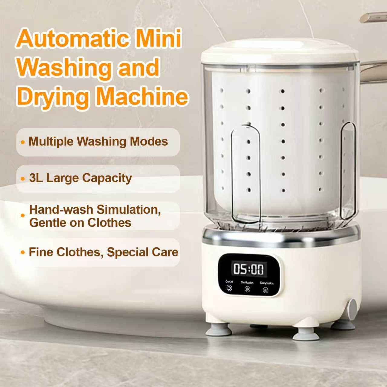 Portable Mini Washing Machine with Spin Dry & UV Sterilization – 3L Capacity, Wash, Rinse, Dehydrate, and Disinfect in One, Ideal for Underwear, Socks, Baby Clothes (White)