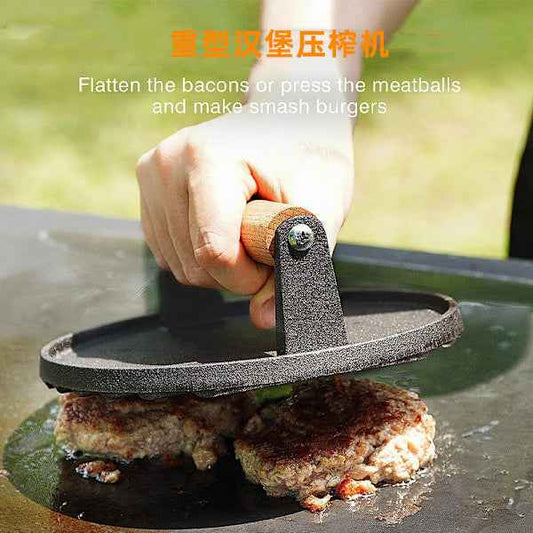 Heavy Duty Pre-Seasoned Cast Iron Hamburger Press with Heat Resistant Handle, Compatible with Griddle
