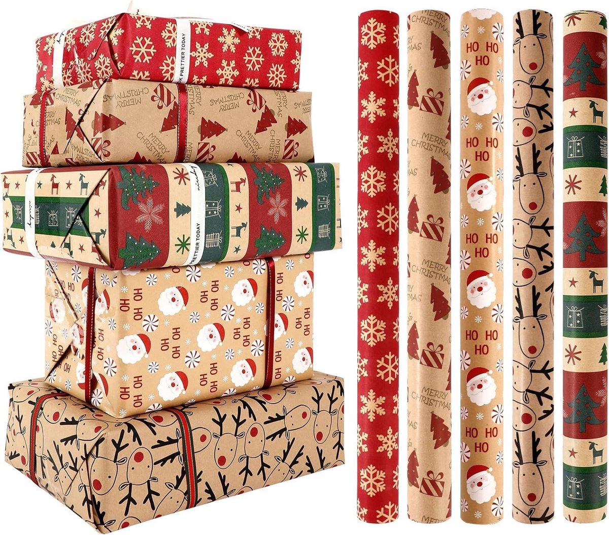 Christmas wrapping paper set of 5 kraft rolls
