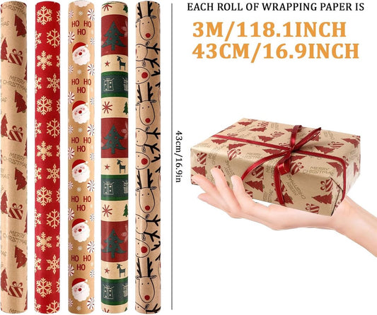 Festive tree and reindeer wrapping paper designs