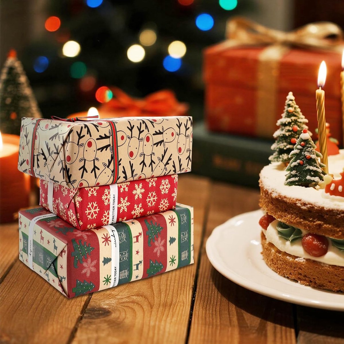 Wrapped Christmas gifts in kraft paper