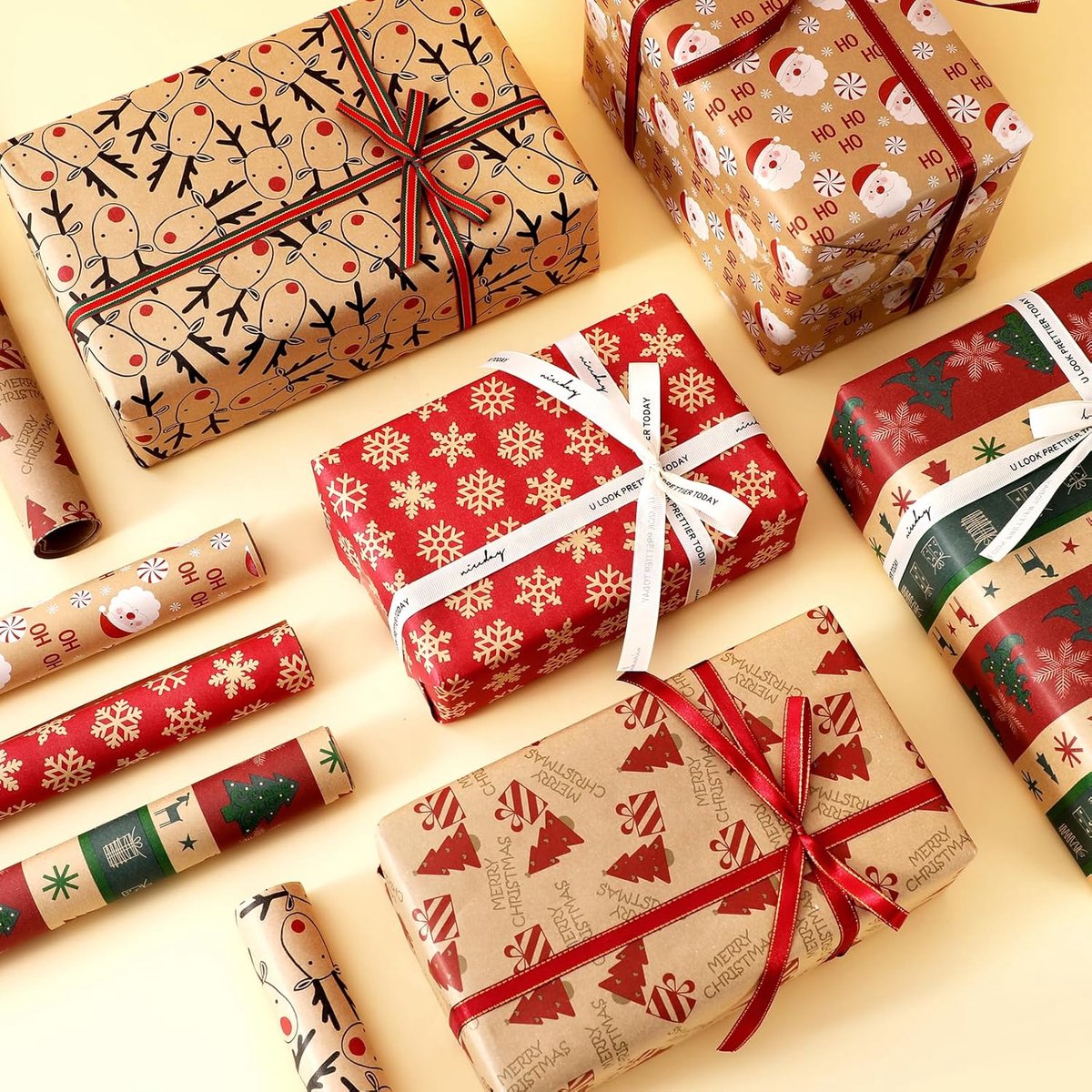 Christmas wrapping paper rolls close-up