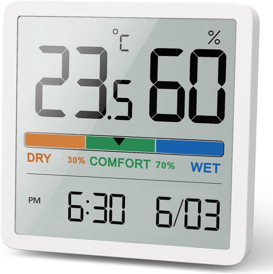 Digital Hygrometer Thermometer with Clock – Indoor Temperature &amp; Humidity Monitor