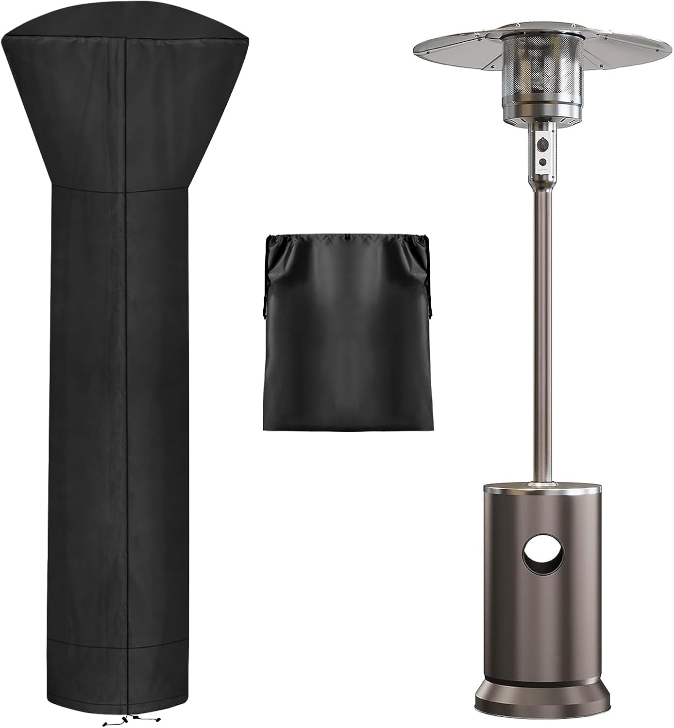 Black heavy-duty patio heater cover with full-length zipper