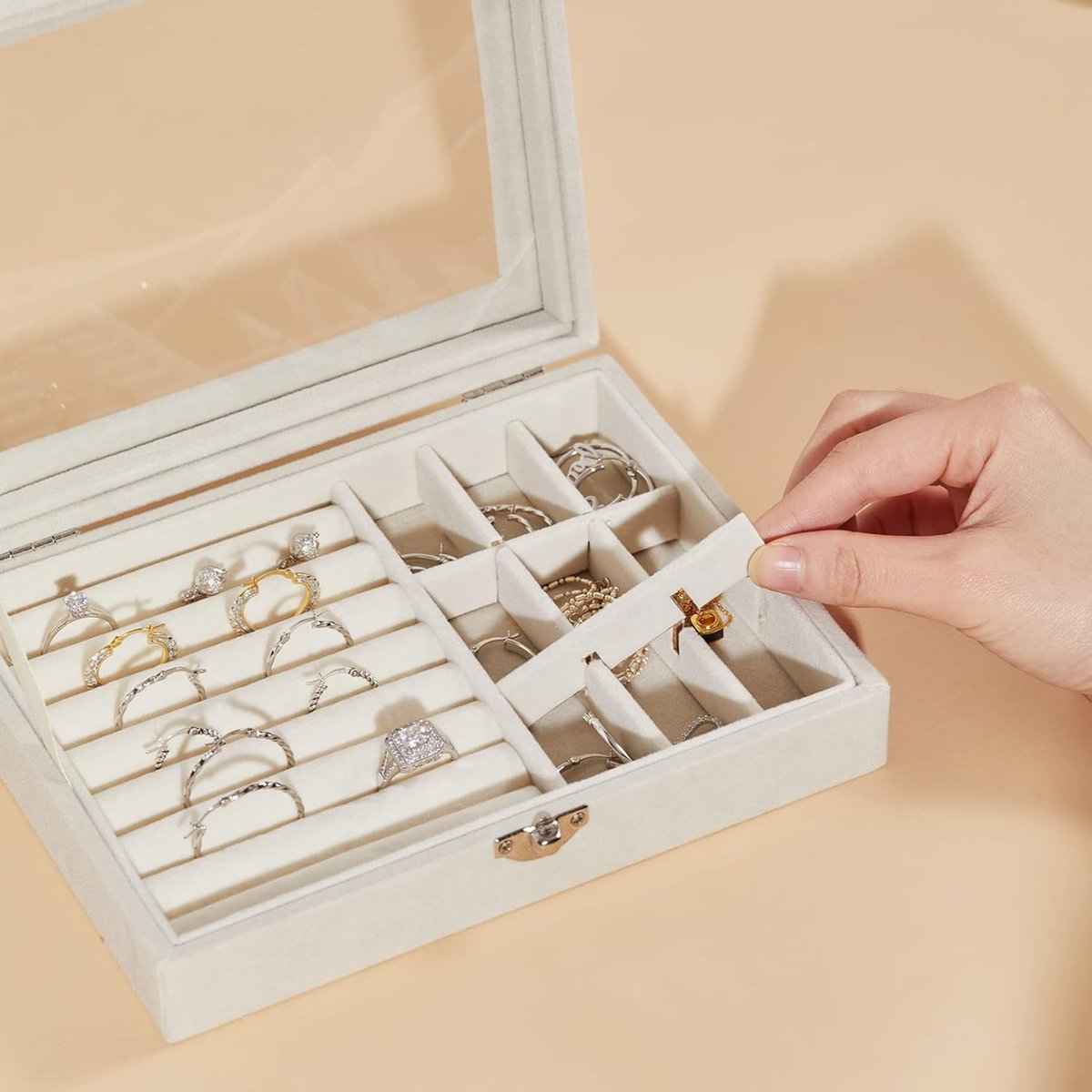 Compact Glass Lid Jewelry Box with Lock 9 Compartment Jewelry Organiser