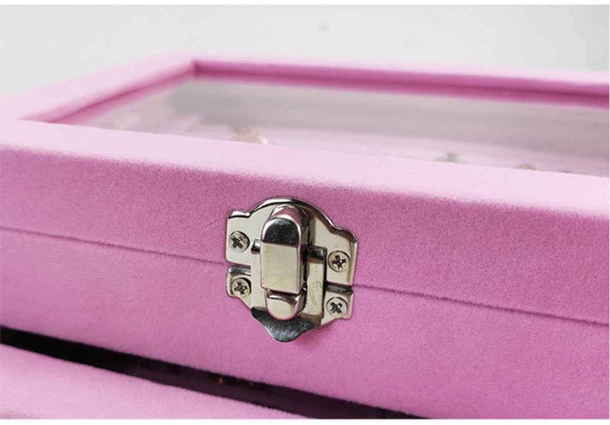 Compact Glass Lid Jewelry Box with Lock 9 Compartment Jewelry Organiser