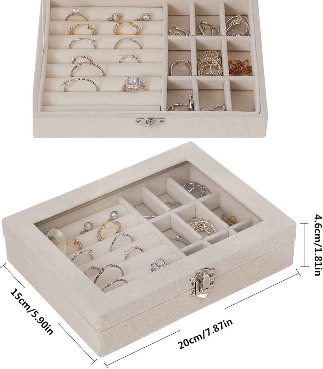 Compact Glass Lid Jewelry Box with Lock 9 Compartment Jewelry Organiser