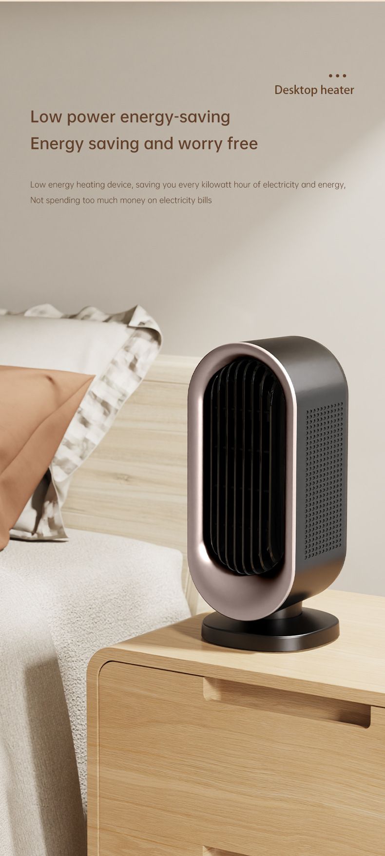 Slim vertical space heater on a desk