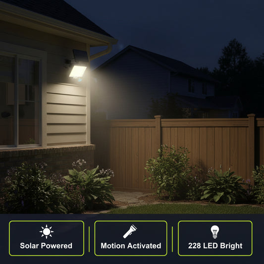 Solar-powered LED light with solar panel on a white background