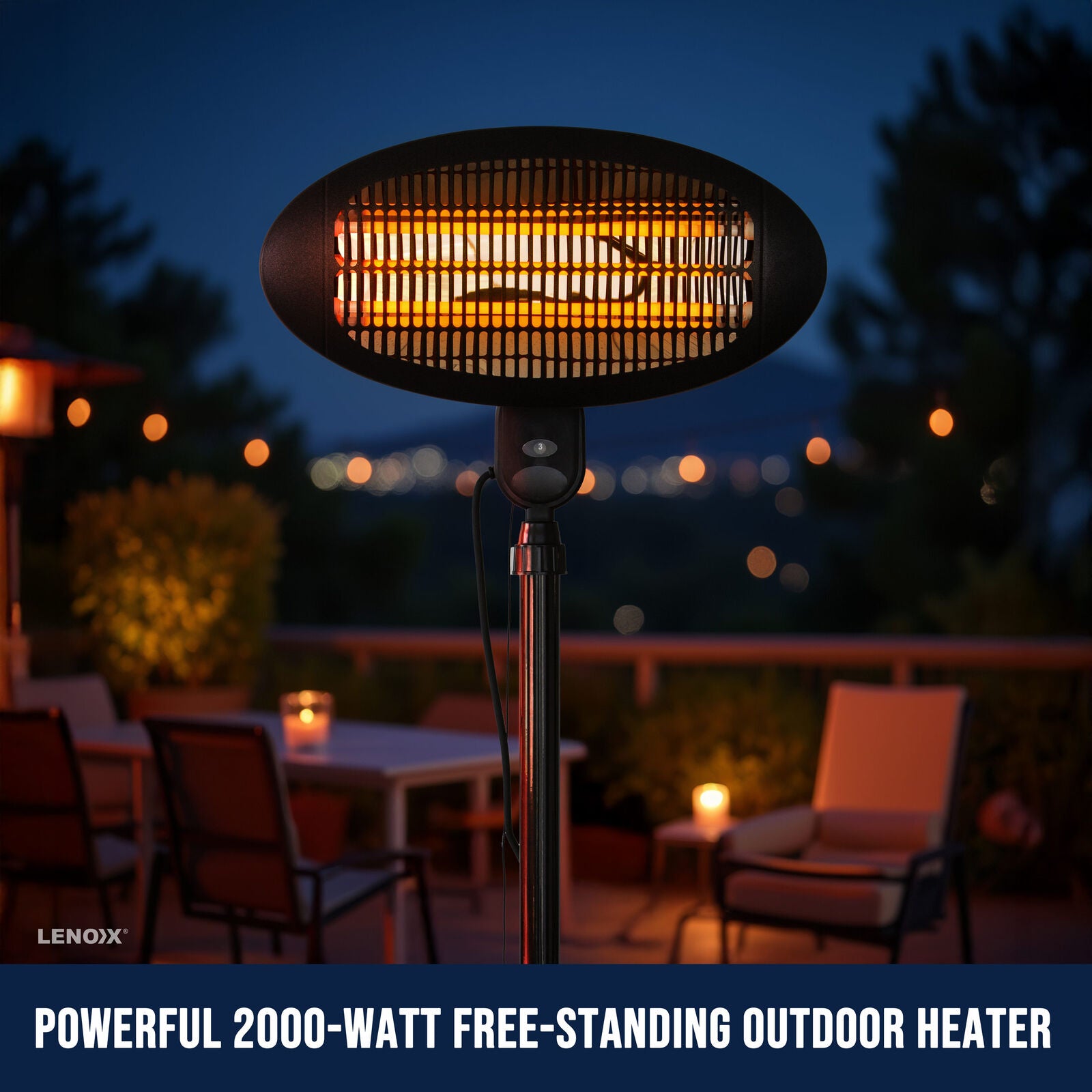 Quartz radiant patio heater base and IPX4 splash-proof rating detail