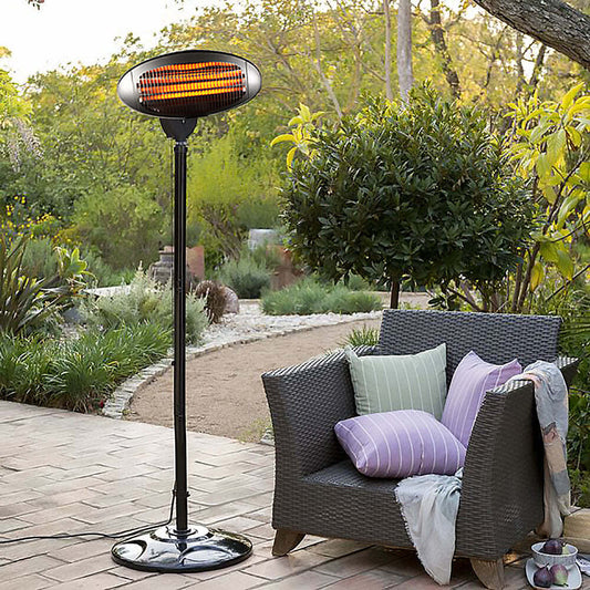 Free-standing patio heater warming a covered outdoor area