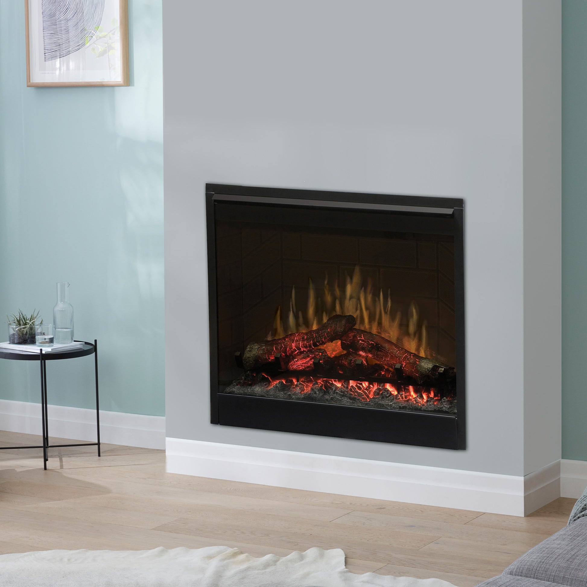 Electric fireplace controls and cool-to-touch glass