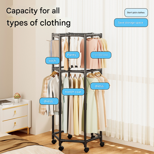 Black double layer  360° Rotating Portable Garment Rack Heavy Duty Rolling Clothes Stand with Wheels for Bedroom & Laundry