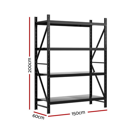 Heavy-Duty 4-Tier Storage Rack 2Mx1.5M Garage Shelving Warehouse Rack Industrial Shelving Black