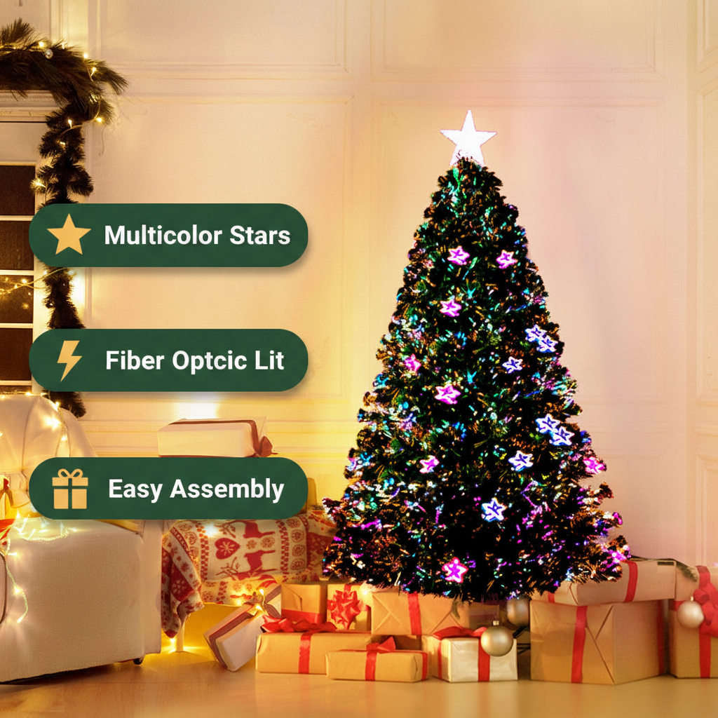 A lit Christmas tree in a warmly decorated room with wrapped gifts underneath. Three dark green text banners on the left read 'Multicolor Stars', 'Fiber Optic Lit', and 'Easy Assembly'.