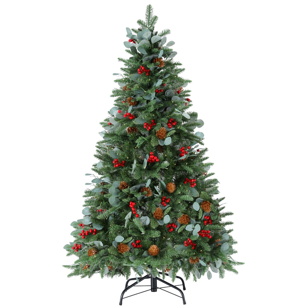 Pine cones and red berry clusters on the tree