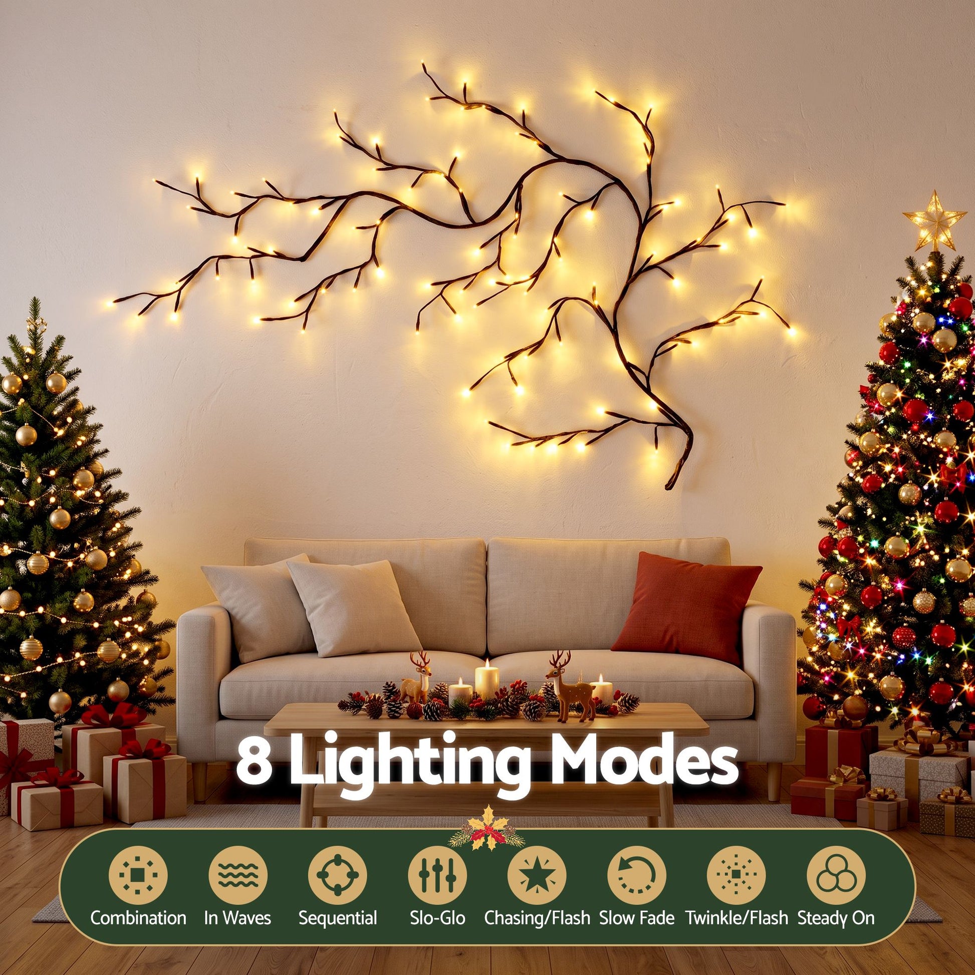 Warm white LED vine lights glowing