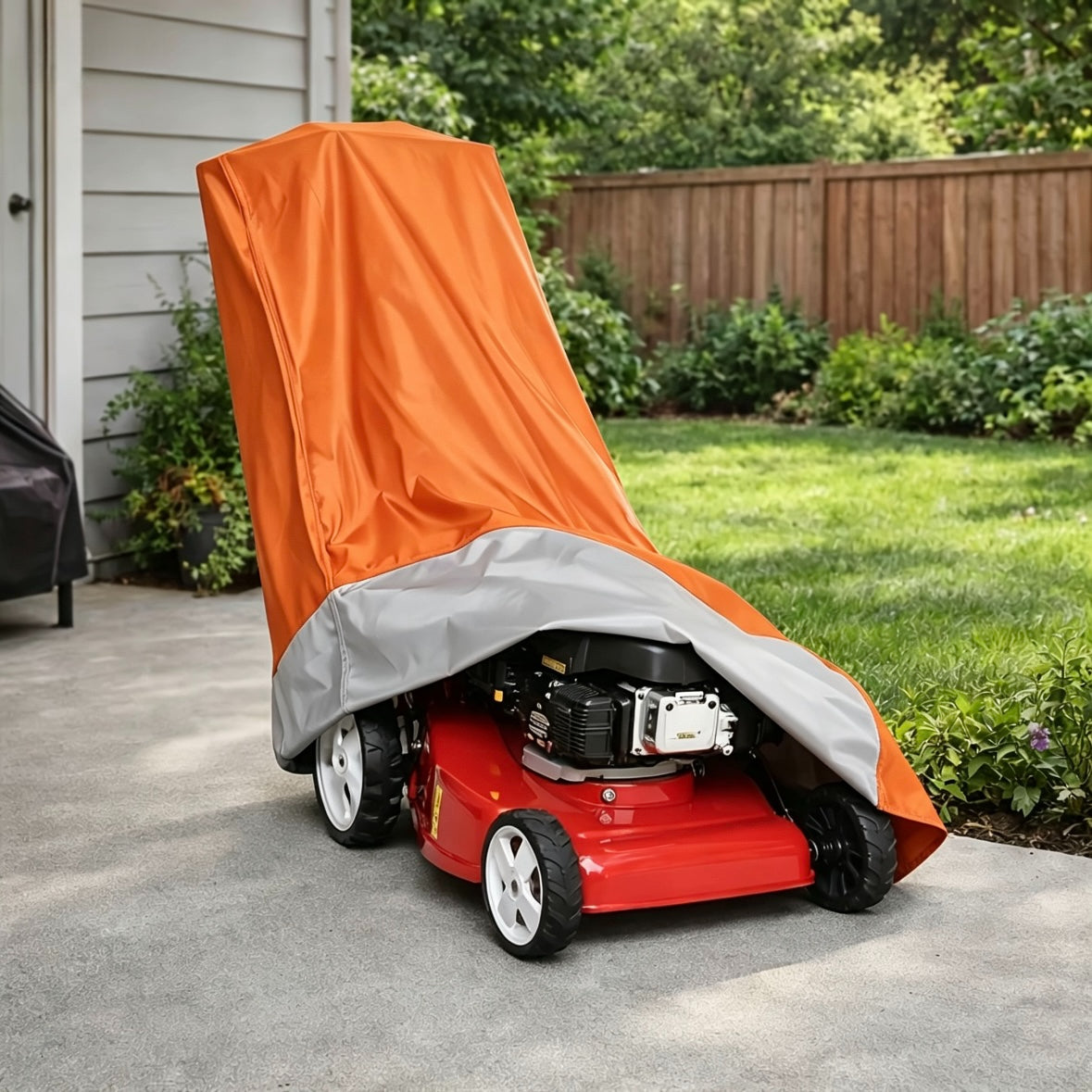 Silver lawn mower cover for outdoor storage